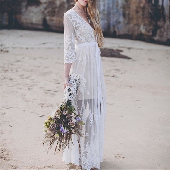 Vintage Lace Inspired Maxi Kimono Style Duster Robe Intricately Designed. White - Picture 13 of 14